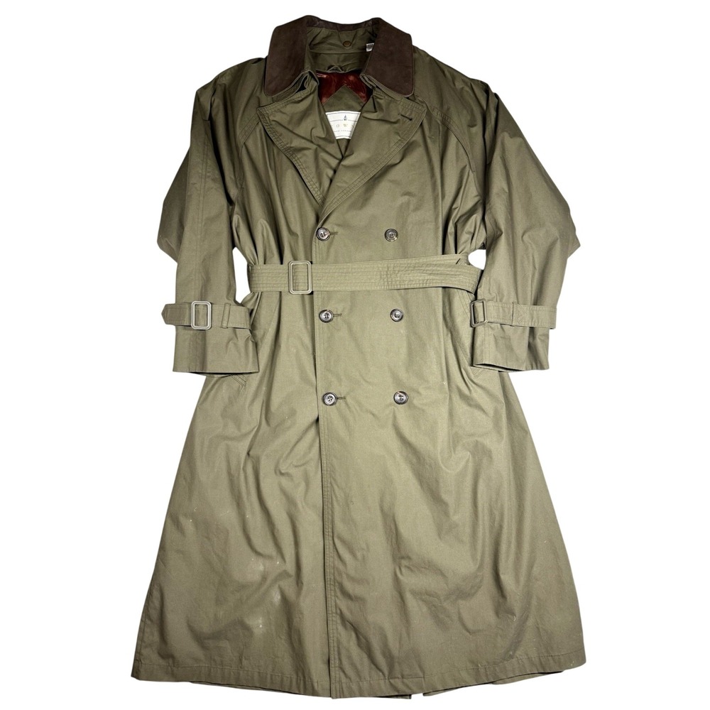 VTG Towne London Fog Trench Coat Men 44R Green Liner Long Belt Double Breast